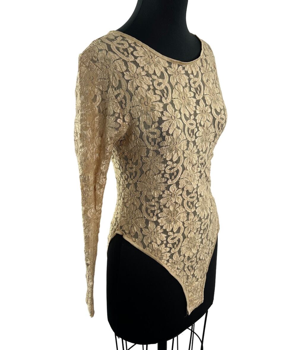 VINTAGE Cinema Etoile Gold Bodysuit Floral Lace Scoop Neck Size Medium M NEW